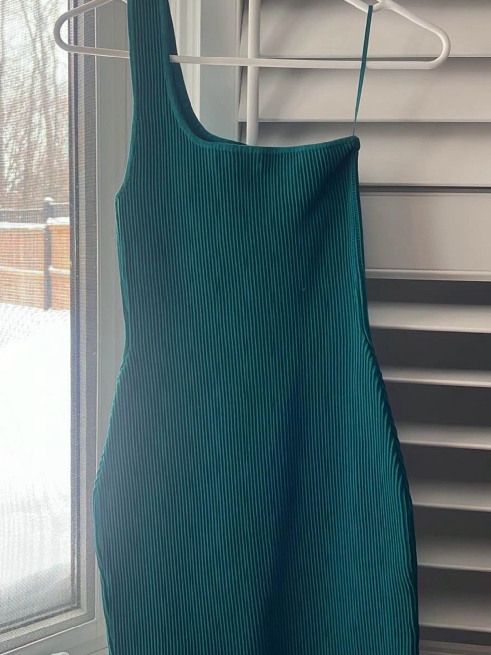 Babaton Teal One-Shoulder Ribbed Dress